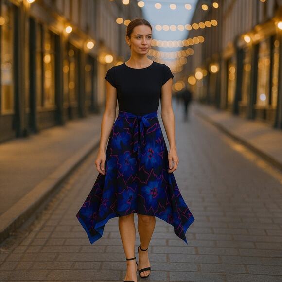 WHBM Dress NWT Women's Size 10 Petite Handkerchief-Hem Midi Electric Floral - Picture 1 of 8